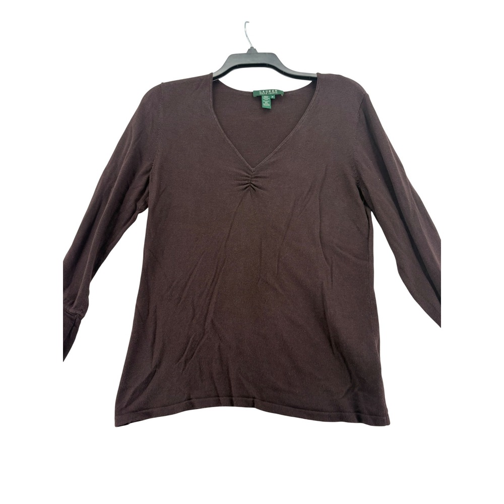 Lauren Ralph Lauren Sweater M Brown Silk Cashmere V-Neck Ruffle Cuff Top